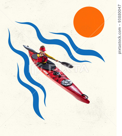 Creative artwork with beginner kayaker in canoe with a life vest and paddle over colorful abstract background. Concept of sport, travel, active lifestyle 93880047