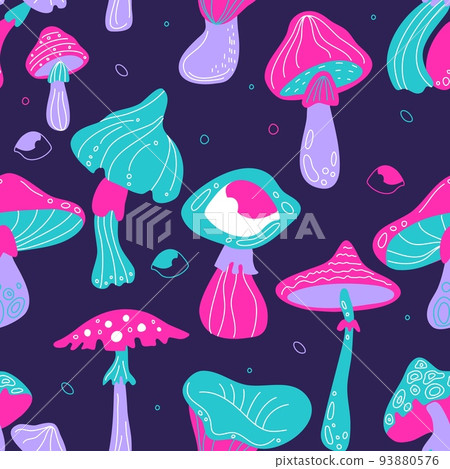 Acid mushrooms seamless pattern. Funny psychedelic objects, colorful distorted forms, trippy 60s retro printing, swanky background. Decor textile, wrapping paper, wallpaper vector modern print Acid mushrooms seamless pattern. Funny psychedelic objects, colorful distorted forms, trippy 60s retro printing, swanky background. Decor textile, wrapping paper, wallpaper vector modern print 93880576