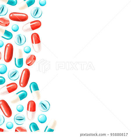 Square blank for text of pills. Watercolor illustration. Isolated on a white background. 93880817
