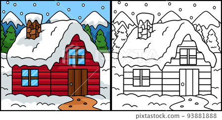 Winter House Coloring Page Colored Illustration 93881888