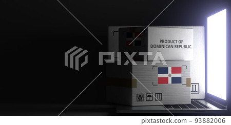 Cartons with PRODUCT OF DOMINICAN REPUBLIC text and flag on the laptop, black background. 3D rendering 93882006