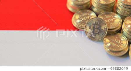 Many bitcoins and national flag of Indonesia, cryptocurrency laws related conceptual 3d rendering 93882049