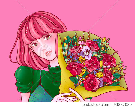 拿著一束粉紅色背景的女孩 93882080