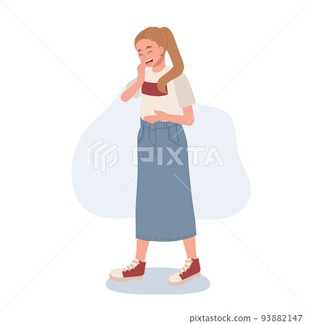 Laughing at funny things concept. woman smiling and laughing with open mouth. vector illustration Laughing at funny things concept. woman smiling and laughing with open mouth. vector illustration 93882147