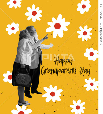 Senior couple, happy grandparents dressed in 70s, 80s fashion style talking each other over floral background. International grandparents day 93882254