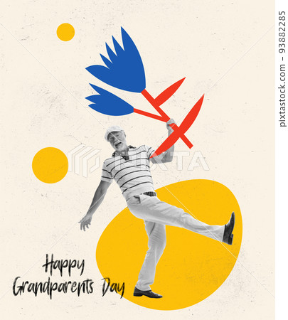 Creative art design for Grandparents Day greeting Card. Senior cheerful man, grandfather dances, rejoices and expresses positive emotions. Family, holidays, love Creative art design for Grandparents Day greeting Card. Senior cheerful man, grandfather dances, rejoices and expresses positive emotions. Family, holidays, love 93882285