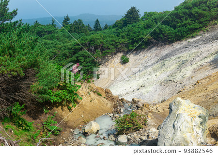 tourist photographs a geothermal mineralized stream on the slope of the Mendeleev volcano, Kunashir island tourist photographs a geothermal mineralized stream on the slope of the Mendeleev volcano, Kunashir island 93882546