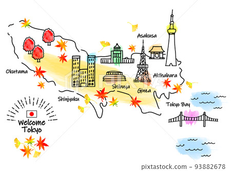 秋季東京觀光景點簡單線描圖 93882678