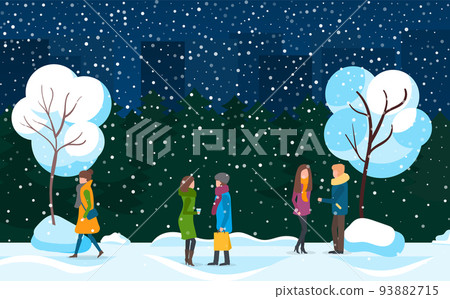 People Walking in City Park in Winter Blizzard - Stock Illustration ...