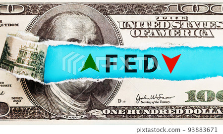 The Federal Reserve FED wording with up and down arrow on USD dollar banknote for Federal reserve The Federal Reserve FED wording with up and down arrow on USD dollar banknote for Federal reserve 93883671