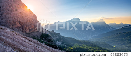 Dolomites panoramic view at morning sunrise time Dolomites panoramic view at morning sunrise time 93883673