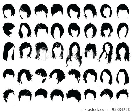 Black silhouettes of different hair styling on a white background Black silhouettes of different hair styling on a white background 93884298