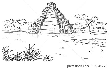 Mayan pyramid and jungle. Vintage engraving black illustration. 93884778