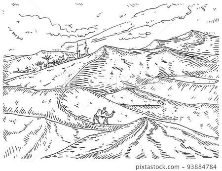 Bedouin and camel go to the oasis in the desert. Vintage vector engraving black illustration. Bedouin and camel go to the oasis in the desert. Vintage vector engraving black illustration. 93884784