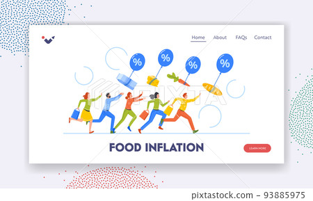 Food Inflation Landing Page Template. Consumer Characters Chase Grocery Floating With Air Balloons. Price Index Rise Up 93885975