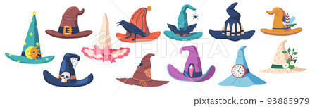 Set Of Witch Hats, Wizard Headwear Icons, Traditional Magician Caps Decorated With Spider Web, Stripes, Stars, Clock Set Of Witch Hats, Wizard Headwear Icons, Traditional Magician Caps Decorated With Spider Web, Stripes, Stars, Clock 93885979