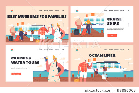 Sea Travel Landing Page Template Set. Family Vacation Journey On Nautical Passenger Vessel. People Boarding On Liner 93886003