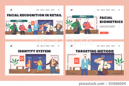 Facial Recognition in Retail Store Landing Page Template Set. Visitor Characters in Modern Shopping Mall with Cameras Facial Recognition in Retail Store Landing Page Template Set. Visitor Characters in Modern Shopping Mall with Cameras 93886004