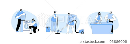 Set of Family Household Chores. Couple Clean Kitchenware, Vacuuming Floor, Washing Clothes Together, Every Day Routine 93886006