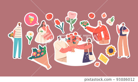 Set of Stickers Love, Dating, Gifts, Meet Up. Men Giving Bouquets to Girls. Boyfriend Presenting Flowers to Girlfriend 93886012
