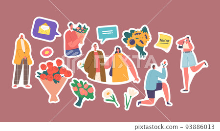 Set of Stickers Boyfriends Giving Flowers to Girlfriends. Young Couples Dating. Love, Human Relations, Gifts 93886013