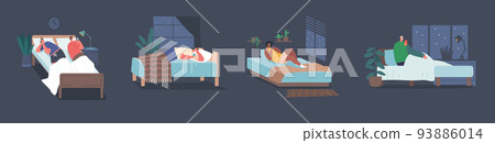 Set Male or Female Characters Lying with Smartphones in Bed at Night. Mobile Phone and Gadget Addiction, Family Problem 93886014