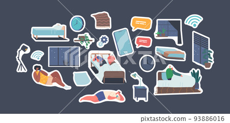 Set of Stickers Characters Lying with Smartphones in Bed at Night. Mobile Phone and Gadget Addiction, Family Problem 93886016