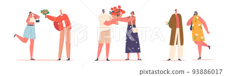 Young Couples Dating, Meet Up. Men Giving Bouquets to Girls. Boyfriend with Beautiful Flowers. Love, Human Relations 93886017