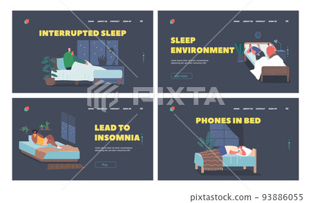 Characters Lying with Smartphones in Bed at Night Landing Page Template Set. Mobile Phone and Gadget Addiction 93886055