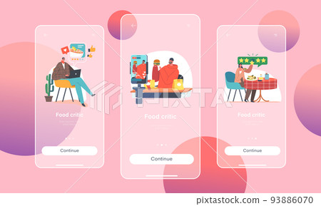 Food Critics Mobile App Page Onboard Screen Template. Professional Writers or Bloggers Reviewing Restaurant Cuisine Food Critics Mobile App Page Onboard Screen Template. Professional Writers or Bloggers Reviewing Restaurant Cuisine 93886070