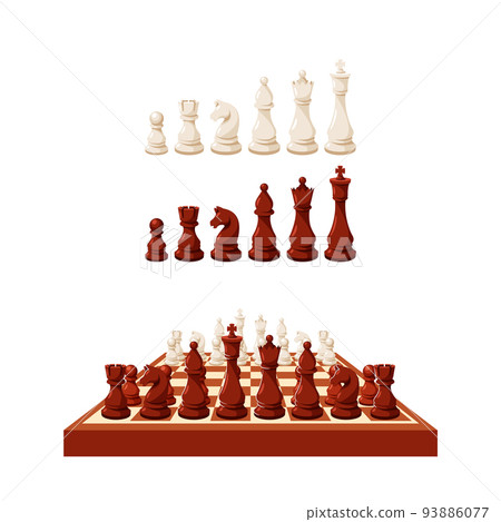 Chess Game Pieces On Chessboard And Stand In Row. Figures King, Queen, Rook, Knight, Bishop, Pawn Isolated On White Chess Game Pieces On Chessboard And Stand In Row. Figures King, Queen, Rook, Knight, Bishop, Pawn Isolated On White 93886077
