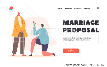 Marriage Proposal, Love, Relation Landing Page Template. Boyfriend Standing on Knee Giving Flower to Cute Surprised Girl 93886187