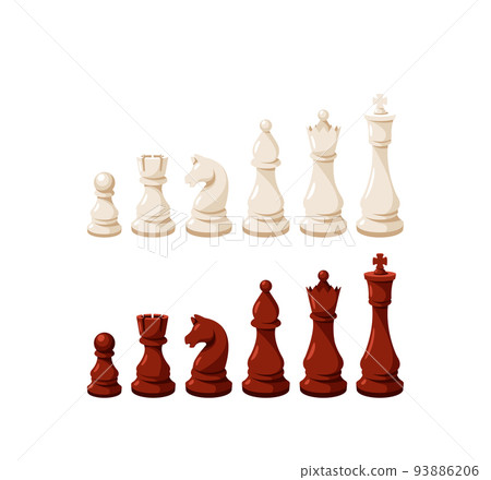 Chess Game Pieces Stand in Row, White and Brown Figures King, Queen, Rook, Knight, Bishop, Pawn Isolated On White 93886206