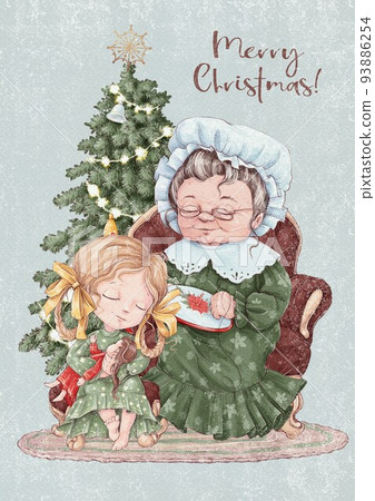 Illustration Christmas card grandma with granddaughter at the decorated Christmas tree. Illustration Christmas card grandma with granddaughter at the decorated Christmas tree. 93886254