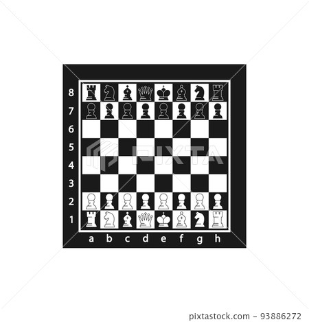 Chess Figures On Chessboard Top View. Black And White Game Pieces King, Queen, Rook, Knight, Bishop, Pawn On Board Chess Figures On Chessboard Top View. Black And White Game Pieces King, Queen, Rook, Knight, Bishop, Pawn On Board 93886272