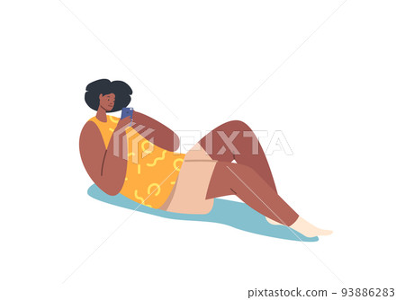 Female Character Lying with Mobile Phone Isolated on White Background. Young Woman in Bed with Smartphone, Read Message 93886283