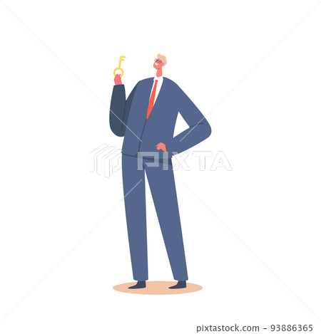 Businessman Holding Golden Key Isolated On White Background. Male Character Wear Formal Suit Posing With Arm Akimbo Businessman Holding Golden Key Isolated On White Background. Male Character Wear Formal Suit Posing With Arm Akimbo 93886365