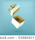 Christmas empty open white gift box with golden ribbon bow. 3D Xmas realistic vector object. 93886823
