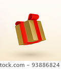 Christmas golden gift box with red ribbon bow. 3D Xmas realistic vector object. 93886824
