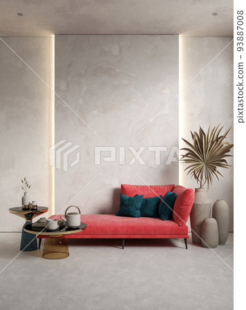 Interior with red sofa, stone wall panel, backlight and decor. 3d render illustration mockup. Interior with red sofa, stone wall panel, backlight and decor. 3d render illustration mockup. 93887008