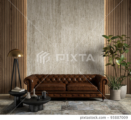 Interior with brown leather chester sofa, stone wall panel, backlight, plants and decor. 3d render illustration mockup. 93887009