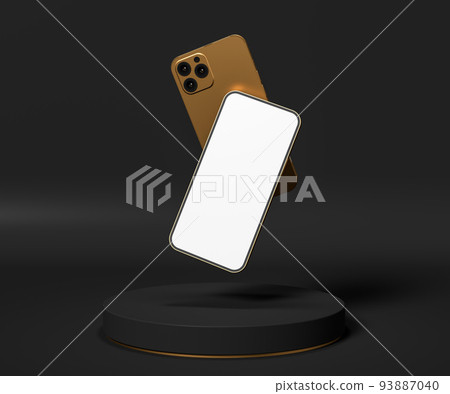 Black gold presentation podium with phone front and back. 3d render illustration mockup. Black gold presentation podium with phone front and back. 3d render illustration mockup. 93887040