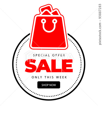 Advertising banner in the form of a white circle with a black stroke with a red inscription sale, special offer, this week only on a white background Advertising banner in the form of a white circle with a black stroke with a red inscription sale, special offer, this week only on a white background 93887283