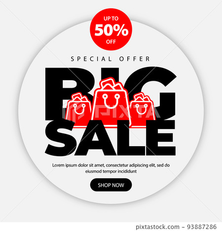 Beautiful minimalist promotion banner with big black lettering big sale, three red shopping carts, red sticker up to 50 percent off and thin black lettering special offer on top on white background.  93887286