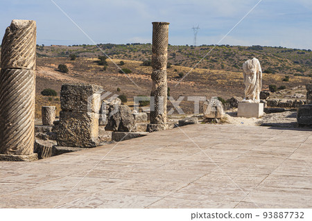 Roman ruins of Segobriga. Archaeological park. architectural facade of roman theatre. Spain 93887732