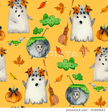 Seamless pattern for Halloween, cute ghosts, autumn leaves, pumpkins on a yellow background hand-painted in watercolor. Suitable for printing on fabric, paper, creating postcards and invitations. 93888663