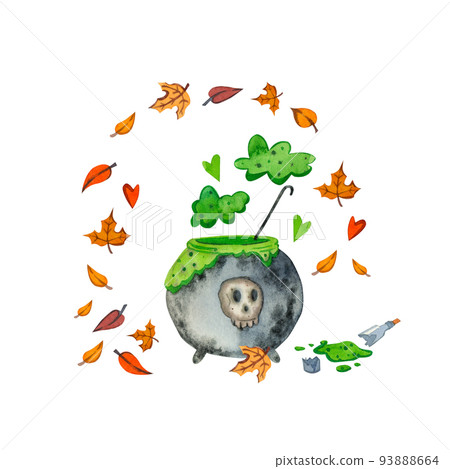 Halloween clipart. Grey cauldron with green potion and autumn leaves hand-painted in watercolor on a white background. Suitable for Halloween, scrapbooking, greeting cards, invitations. 93888664