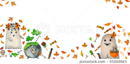 Rectangular board for Halloween. Cute ghosts and autumn leaves hand-painted in watercolor on a white background. Suitable for Halloween, scrapbooking, greeting cards, invitations. 93888665