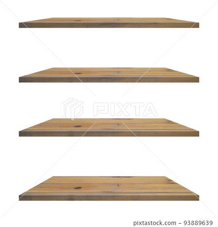 4 old wood shelves table isolated on white background and display montage for product. 93889639