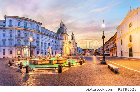 Piazza Navona with the Moor Fountain and Basilica at sunrise, Rome, Italy Piazza Navona with the Moor Fountain and Basilica at sunrise, Rome, Italy 93890525
